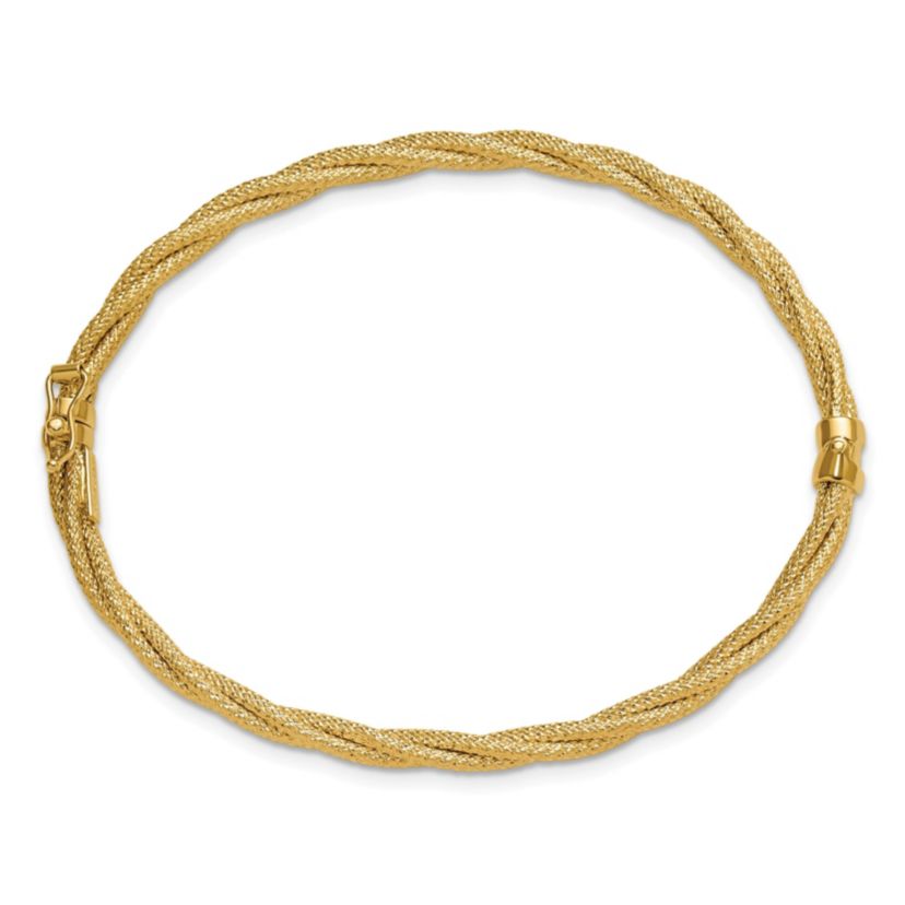 14K Yellow Gold Polished and Textured Twisted Hinged Bangle