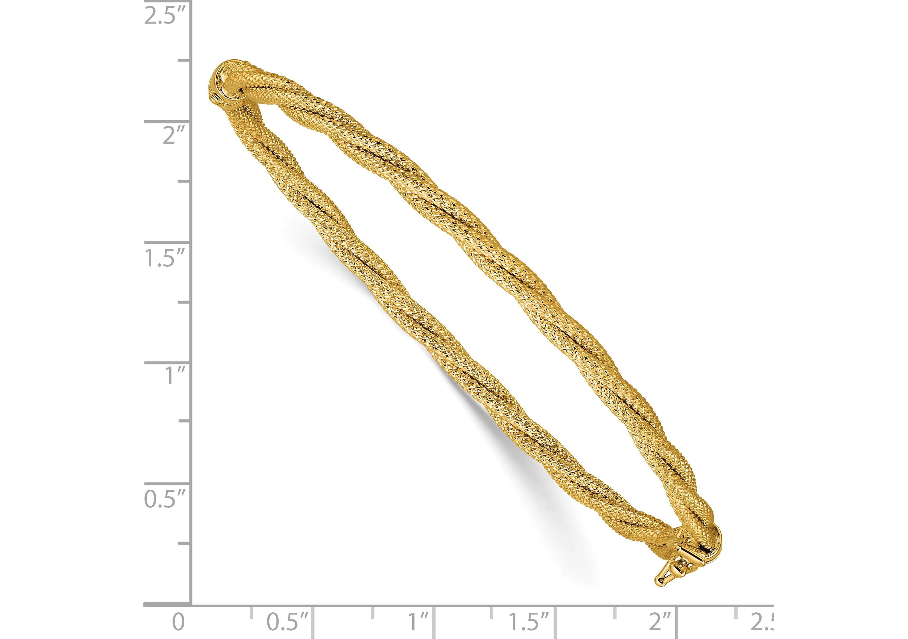 14K Yellow Gold Polished and Textured Twisted Hinged Bangle