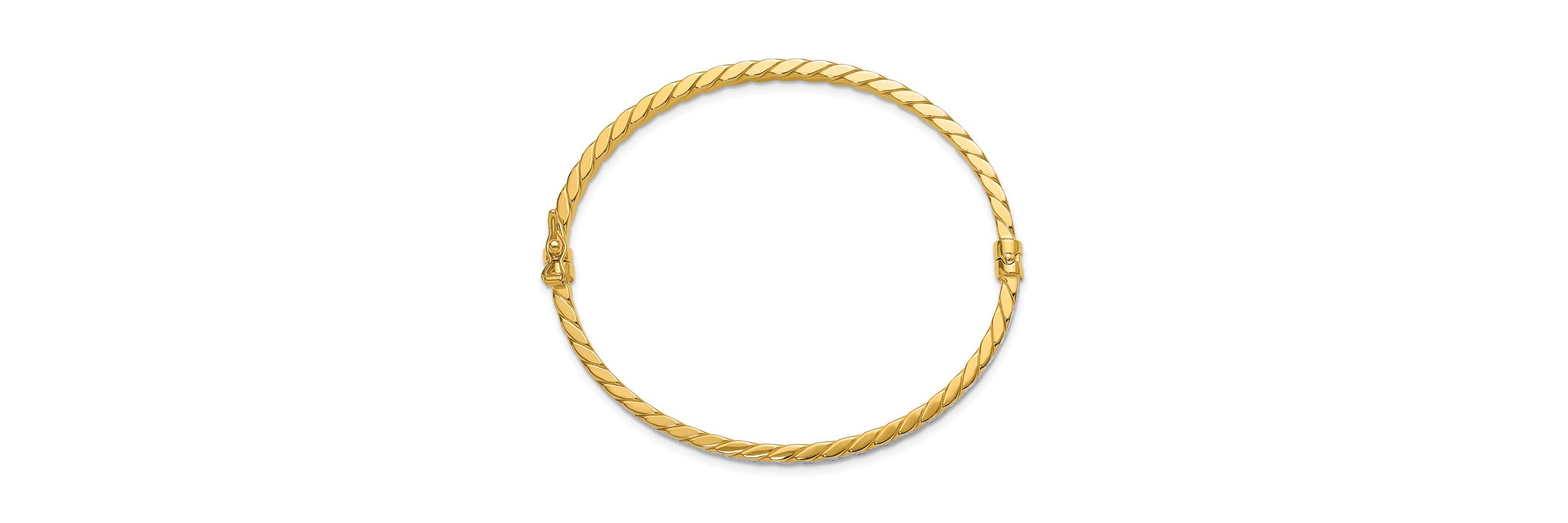 14K Yellow Gold with White Rhodium Polished and Diamond-Cut Hinged Bangle