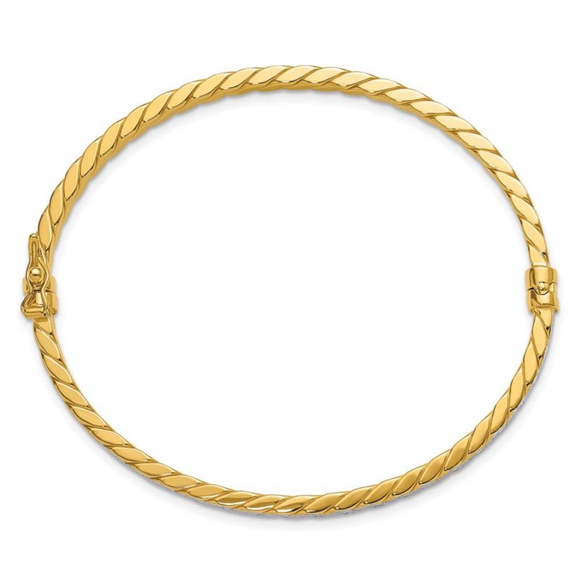 14K Yellow Gold with White Rhodium Polished and Diamond-Cut Hinged Bangle