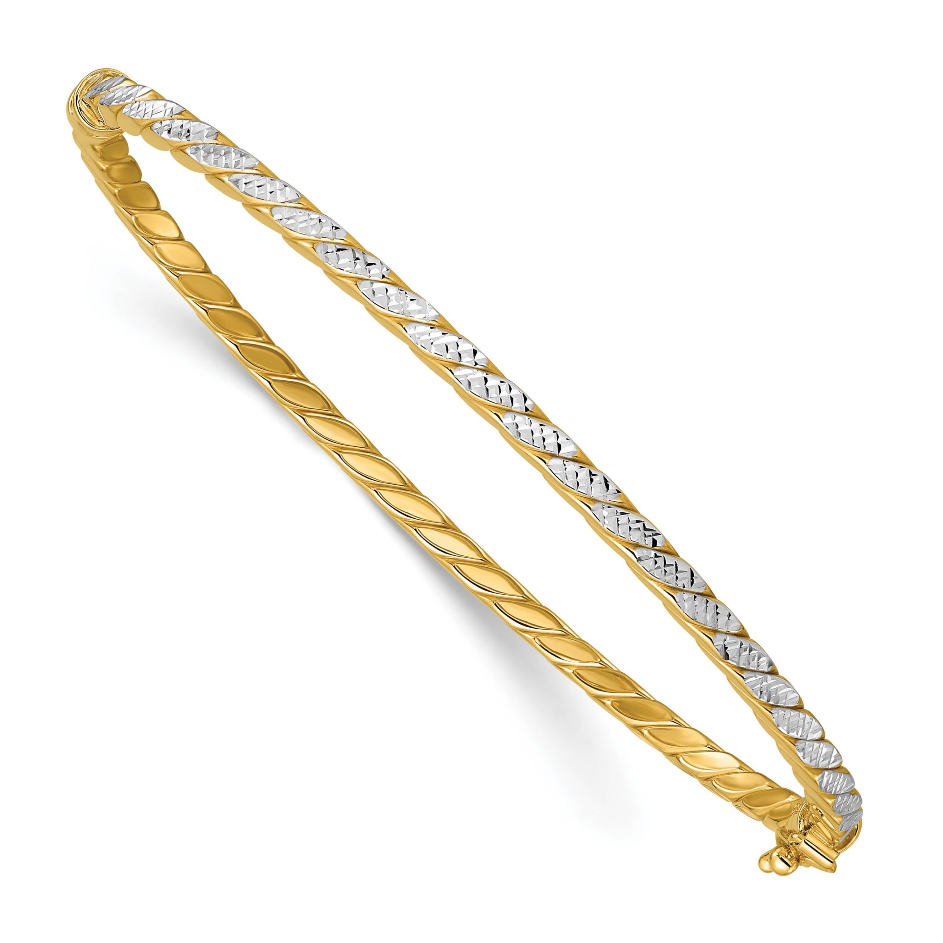 14K Yellow Gold with White Rhodium Polished and Diamond-Cut Hinged Bangle