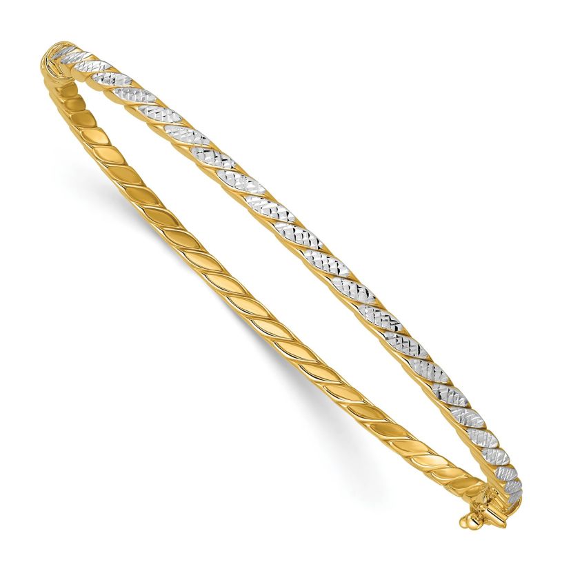 14K Yellow Gold with White Rhodium Polished and Diamond-Cut Hinged Bangle