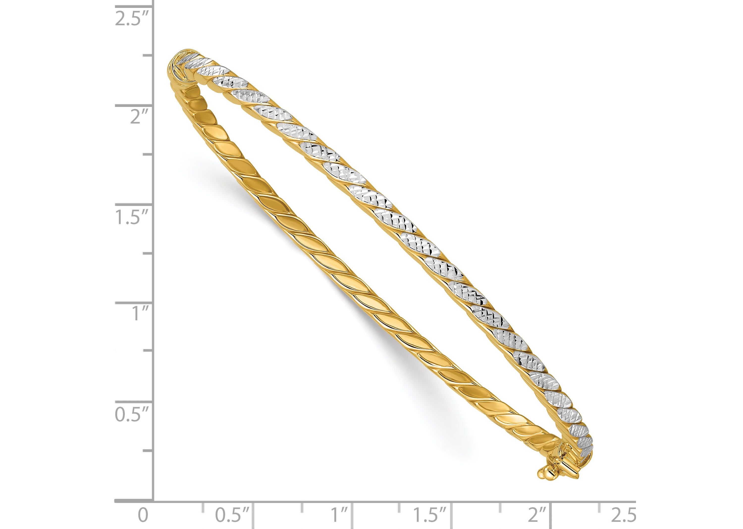 14K Yellow Gold with White Rhodium Polished and Diamond-Cut Hinged Bangle