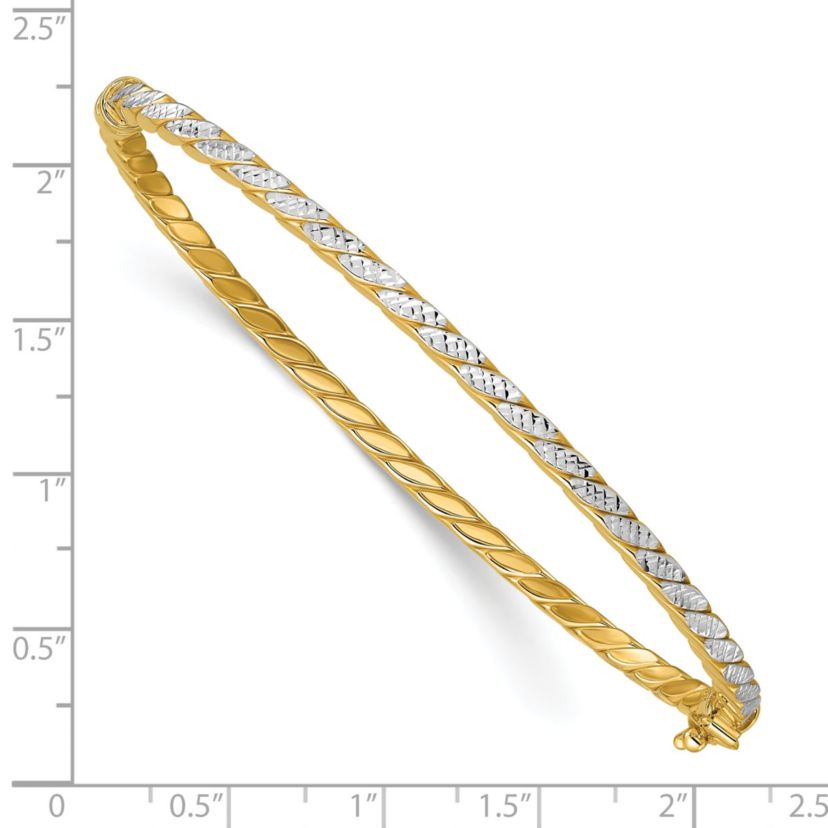 14K Yellow Gold with White Rhodium Polished and Diamond-Cut Hinged Bangle