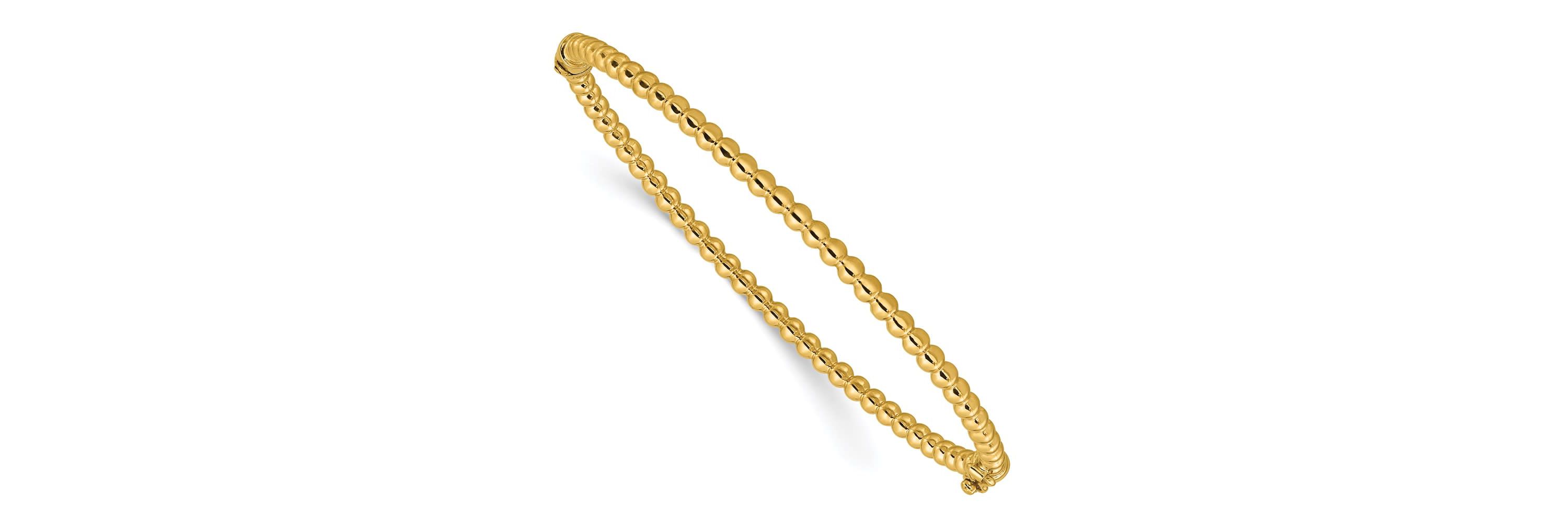 14K Yellow Gold Polished Beaded Hinged Bangle
