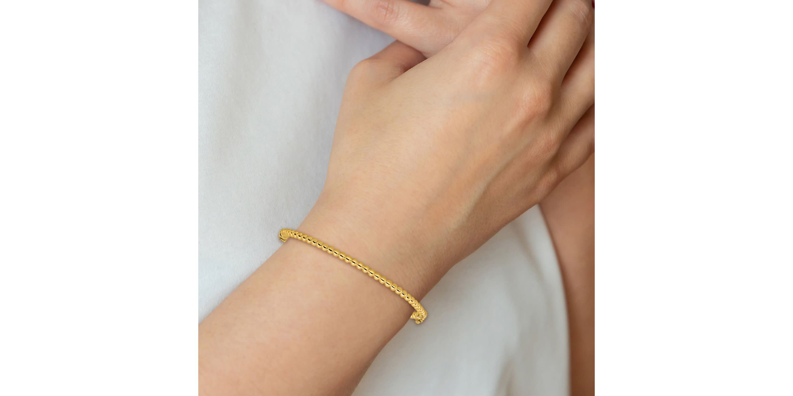 14K Yellow Gold Polished Beaded Hinged Bangle