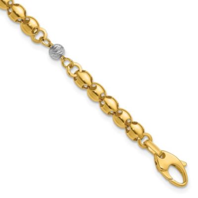 Belk & Co 14K Yellow Gold with White Rhodium Polished Diamond-cut Beaded Oval Link with 1" Extender Bracelet