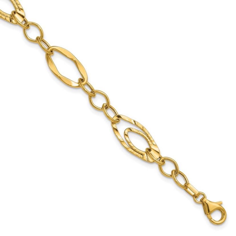 14K Yellow Gold Polished and Wavy Textured Fancy Link Bracelet