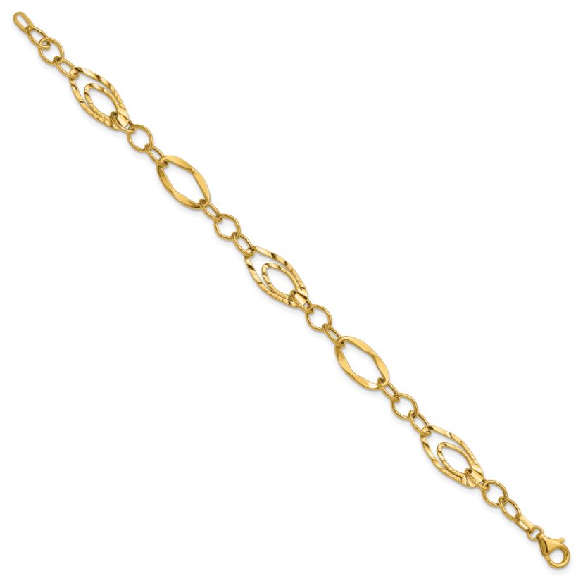 14K Yellow Gold Polished and Wavy Textured Fancy Link Bracelet