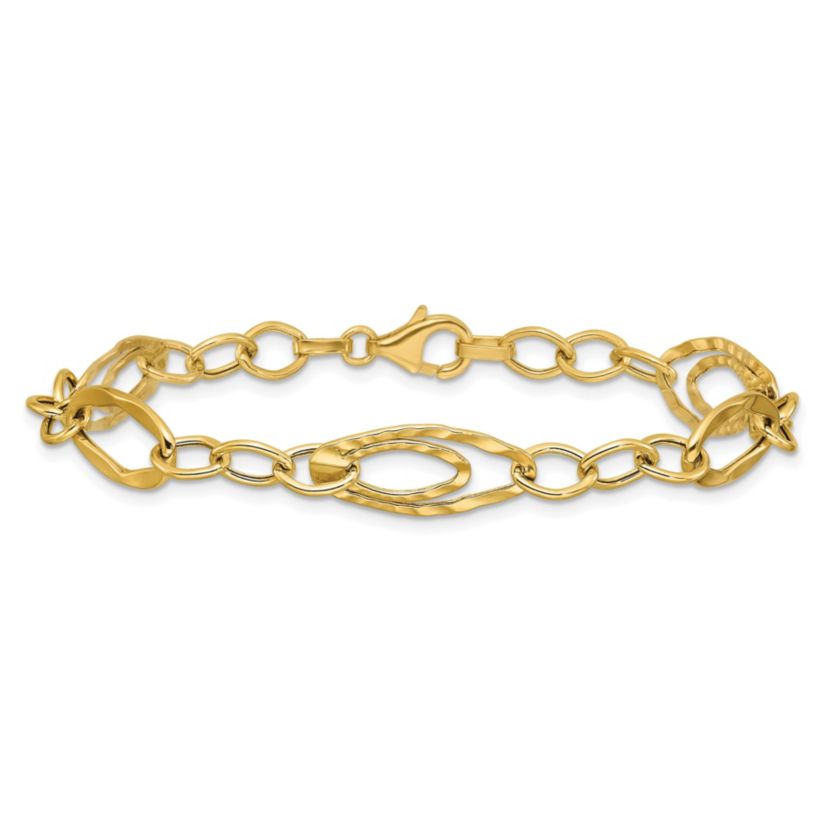 14K Yellow Gold Polished and Wavy Textured Fancy Link Bracelet