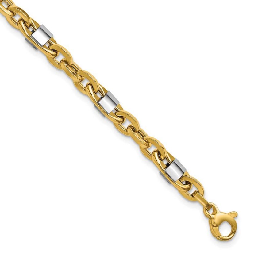 14K Yellow Gold with White Rhodium Polished Fancy Oval Mens Link Bracelet