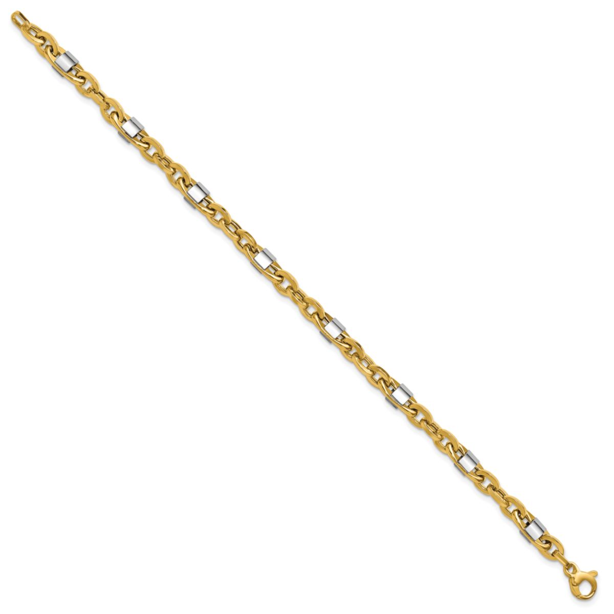 14K Yellow Gold with White Rhodium Polished Fancy Oval Mens Link Bracelet