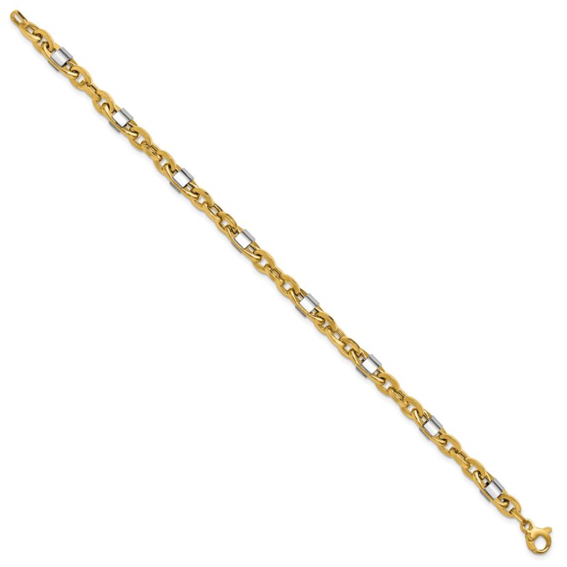 14K Yellow Gold with White Rhodium Polished Fancy Oval Mens Link Bracelet