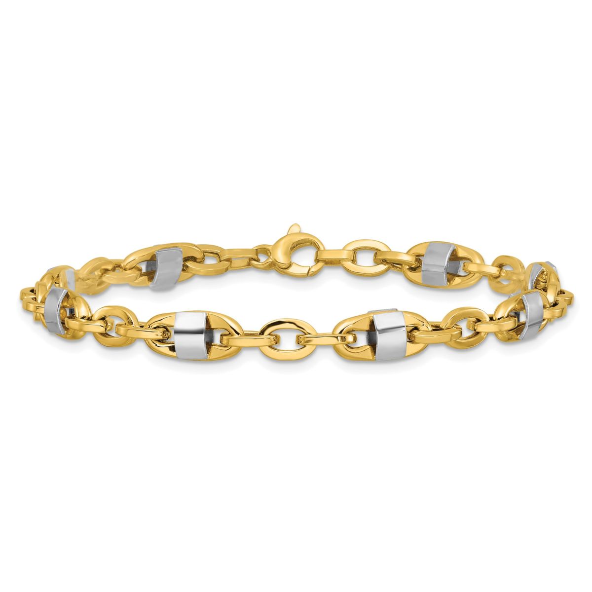 14K Yellow Gold with White Rhodium Polished Fancy Oval Mens Link Bracelet