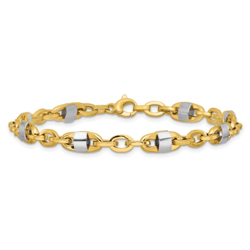 14K Yellow Gold with White Rhodium Polished Fancy Oval Mens Link Bracelet