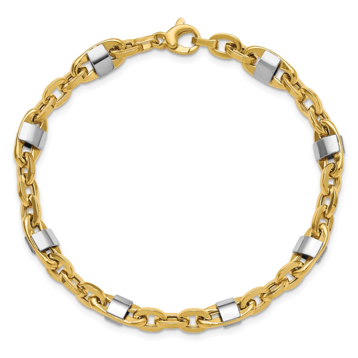 14K Yellow Gold with White Rhodium Polished Fancy Oval Mens Link Bracelet