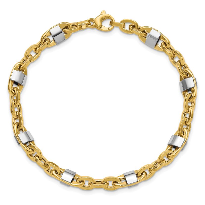 14K Yellow Gold with White Rhodium Polished Fancy Oval Mens Link Bracelet
