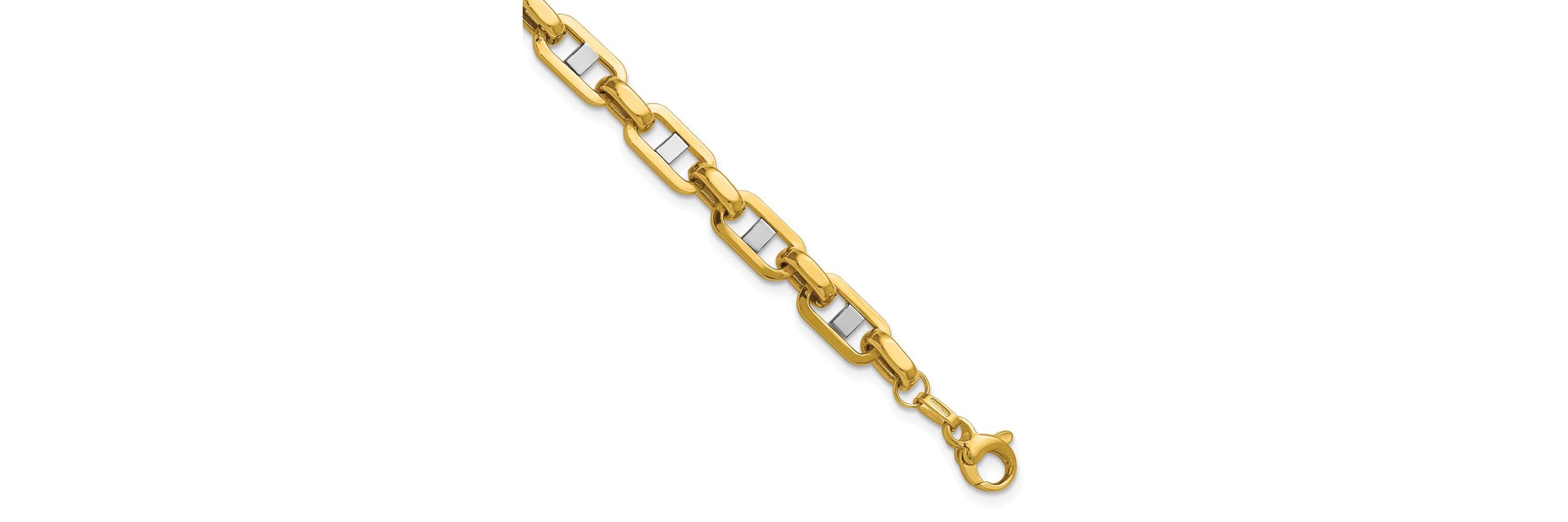 14K Yellow Gold with White Rhodium Polished Fancy Flat Anchor Mens Link Bracelet