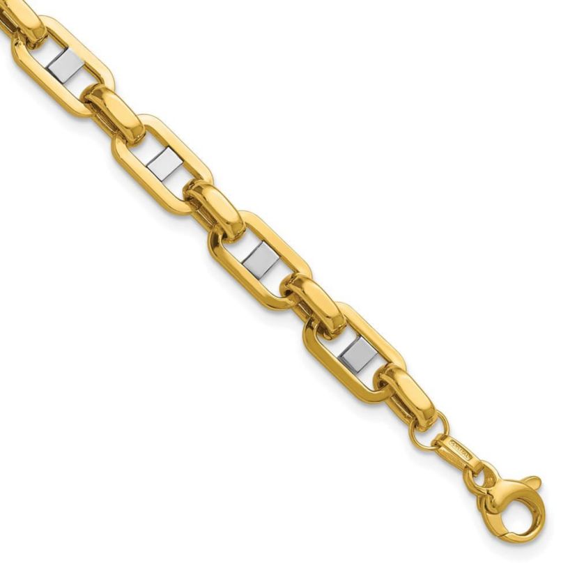 14K Yellow Gold with White Rhodium Polished Fancy Flat Anchor Mens Link Bracelet