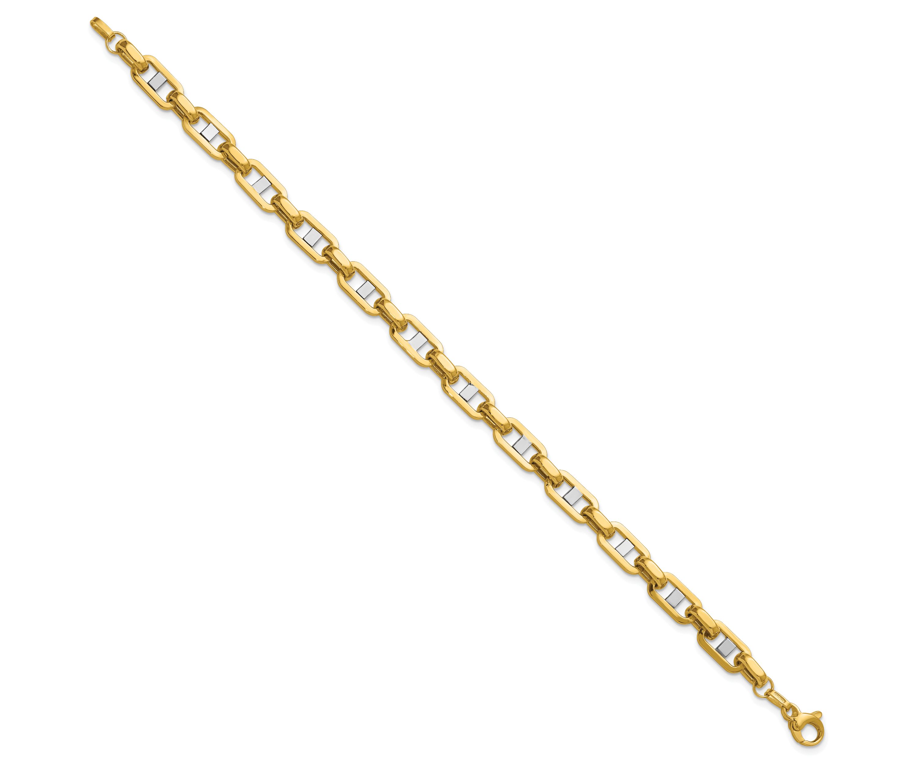 14K Yellow Gold with White Rhodium Polished Fancy Flat Anchor Mens Link Bracelet