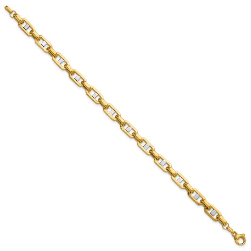14K Yellow Gold with White Rhodium Polished Fancy Flat Anchor Mens Link Bracelet