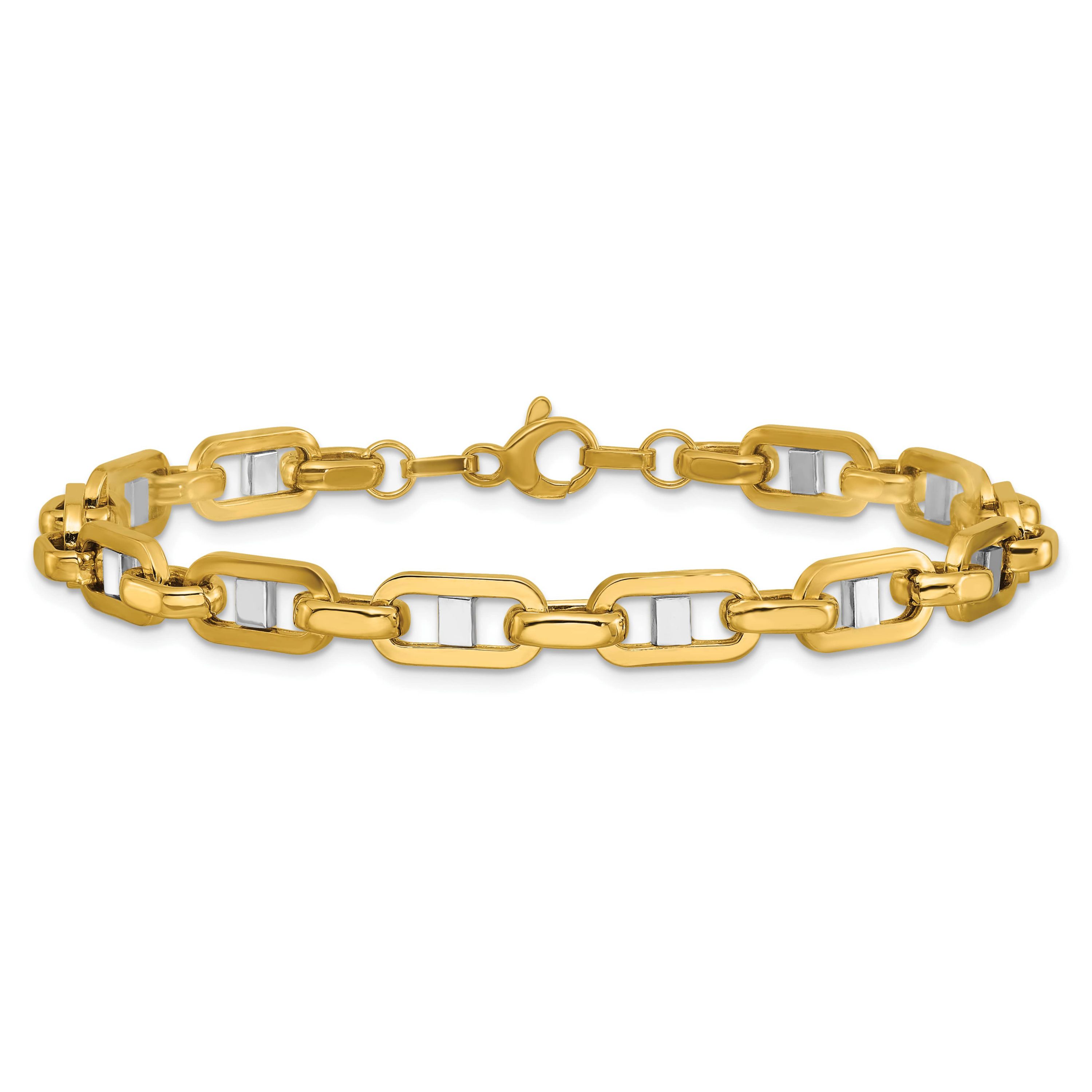 14K Yellow Gold with White Rhodium Polished Fancy Flat Anchor Mens Link Bracelet