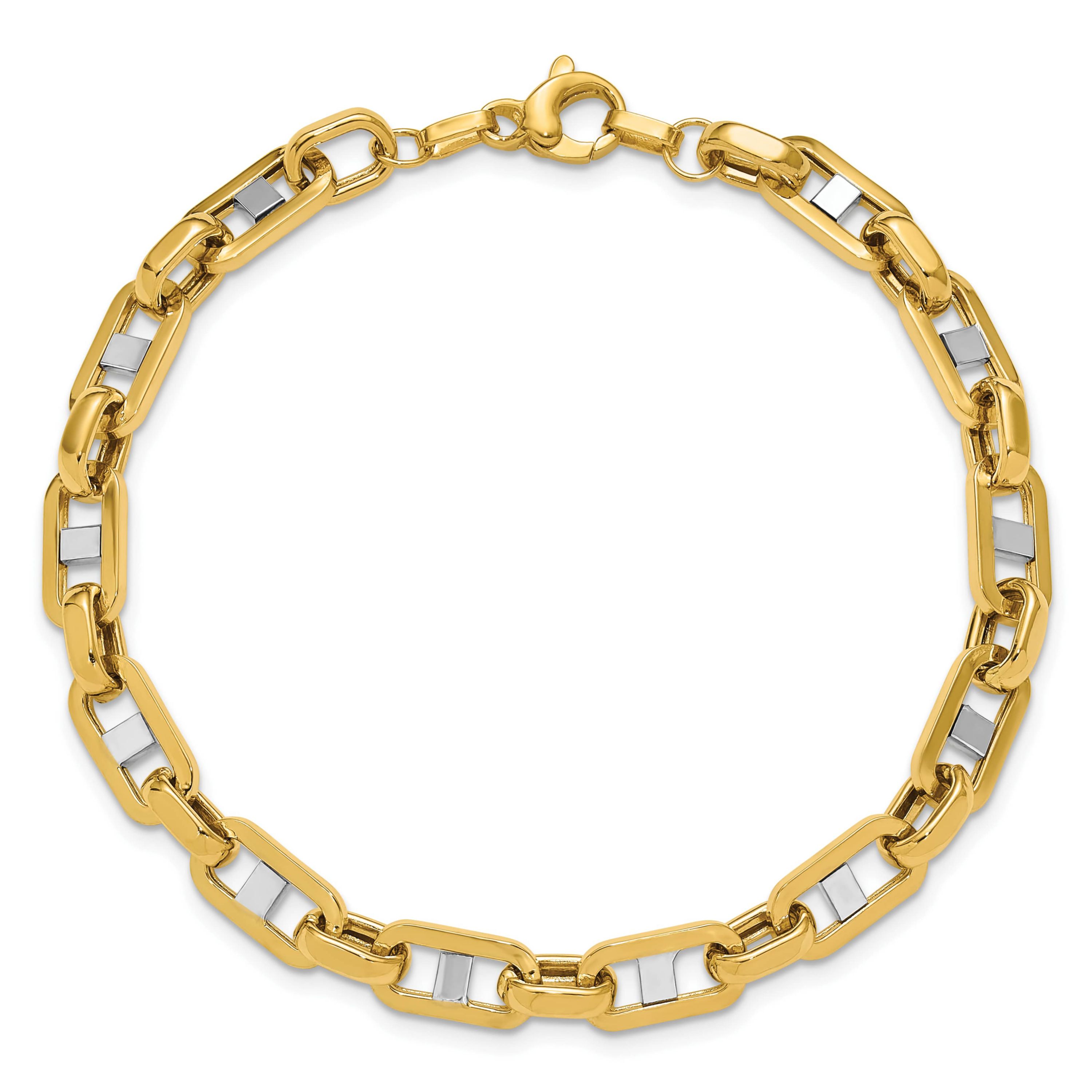 14K Yellow Gold with White Rhodium Polished Fancy Flat Anchor Mens Link Bracelet