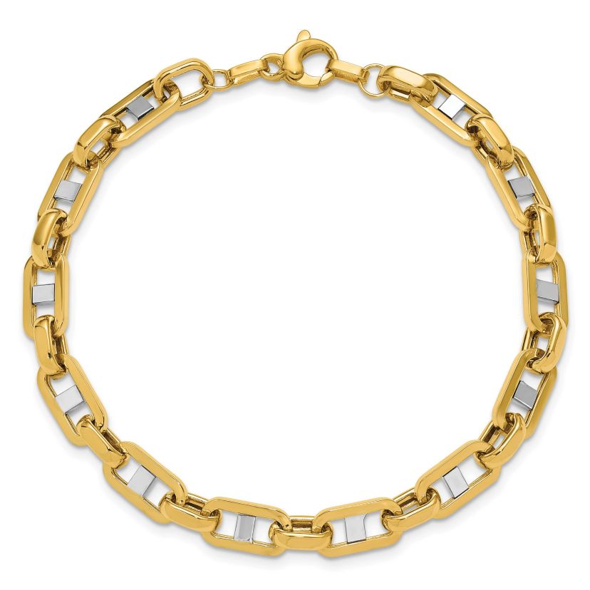 14K Yellow Gold with White Rhodium Polished Fancy Flat Anchor Mens Link Bracelet
