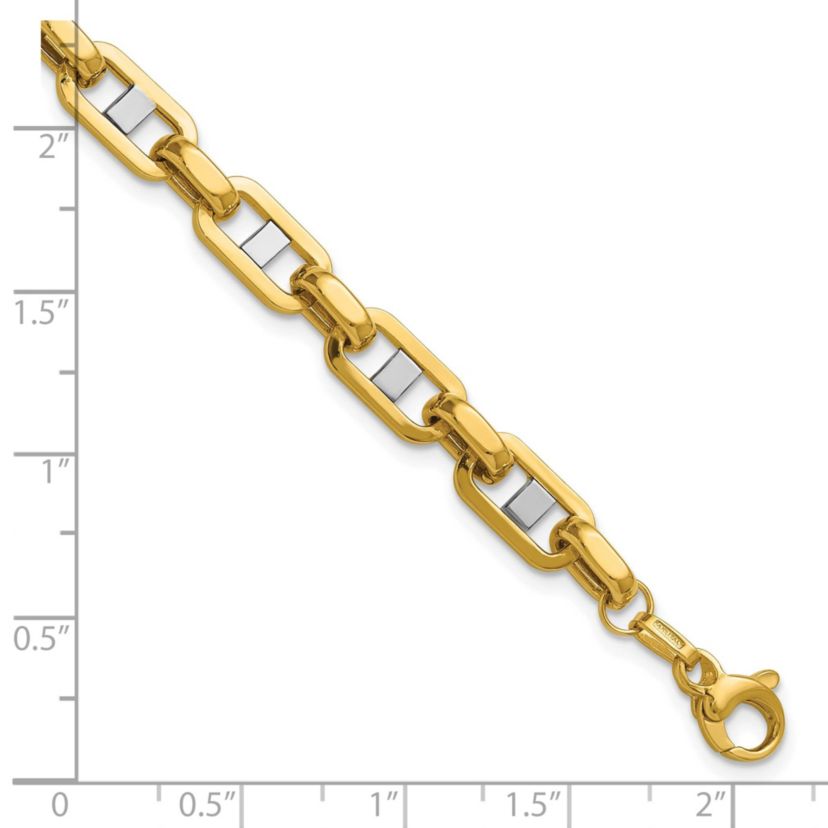 14K Yellow Gold with White Rhodium Polished Fancy Flat Anchor Mens Link Bracelet