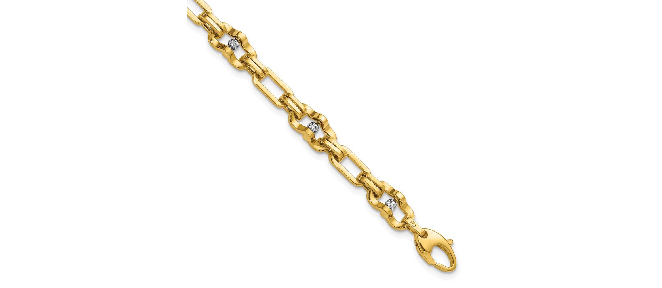 14K Yellow Gold with White Rhodium Polished Diamond-cut Moveable Beaded Link Bracelet