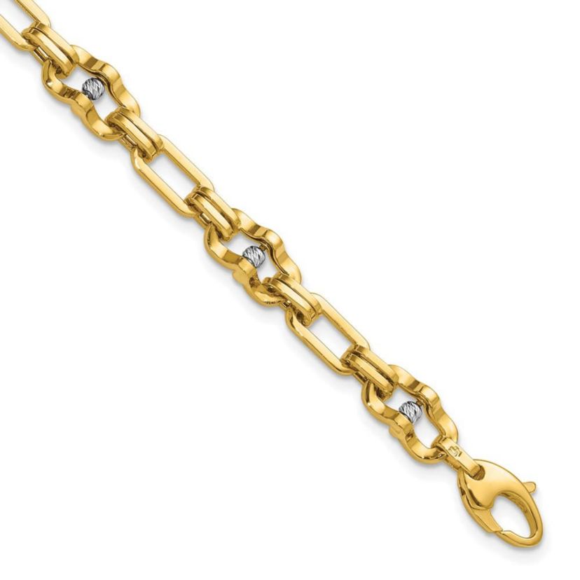 14K Yellow Gold with White Rhodium Polished Diamond-cut Moveable Beaded Link Bracelet