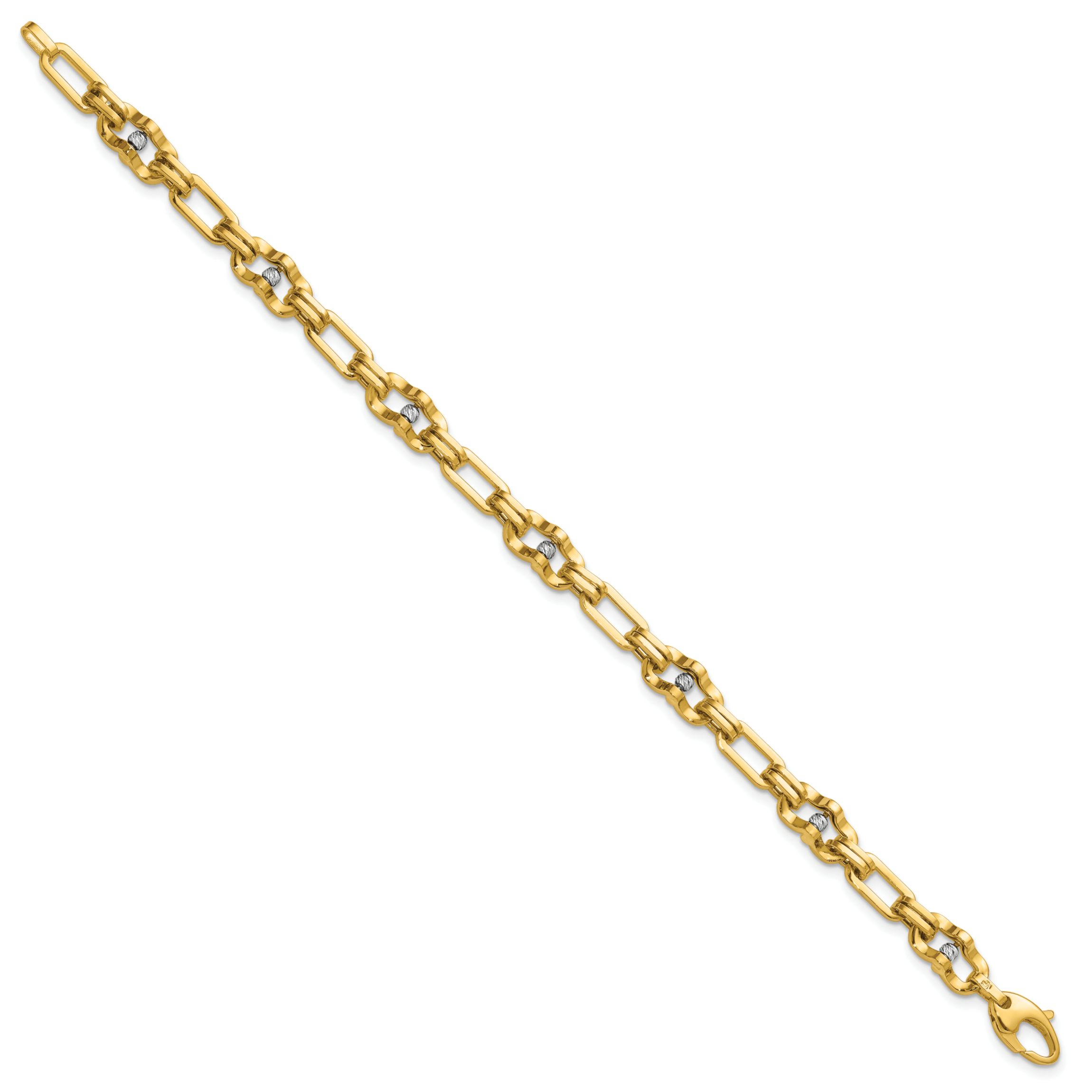 14K Yellow Gold with White Rhodium Polished Diamond-cut Moveable Beaded Link Bracelet