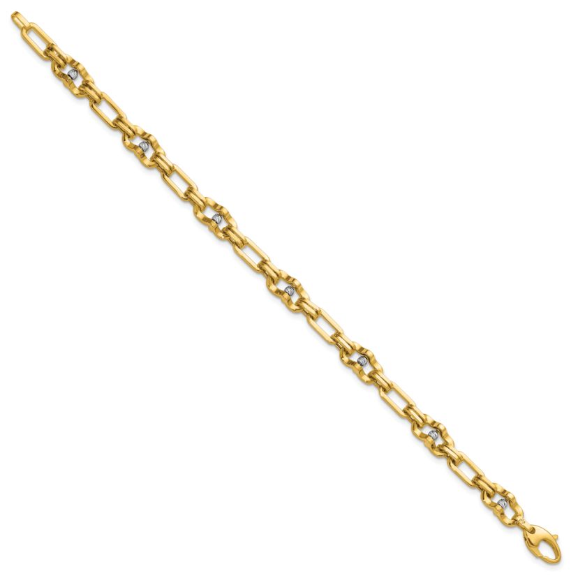 14K Yellow Gold with White Rhodium Polished Diamond-cut Moveable Beaded Link Bracelet
