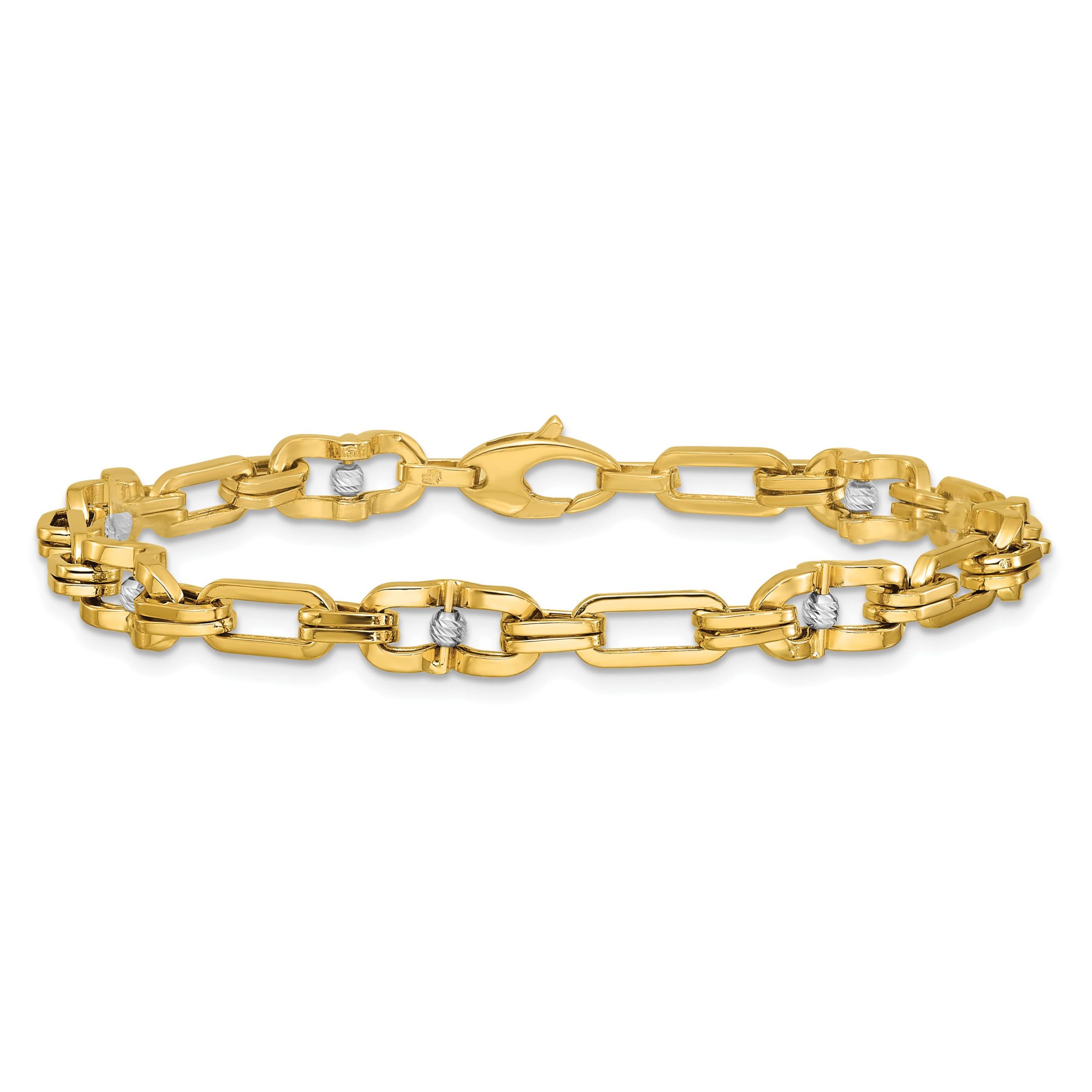 14K Yellow Gold with White Rhodium Polished Diamond-cut Moveable Beaded Link Bracelet