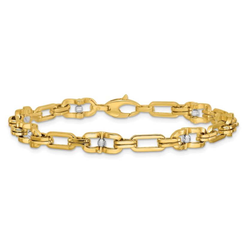 14K Yellow Gold with White Rhodium Polished Diamond-cut Moveable Beaded Link Bracelet