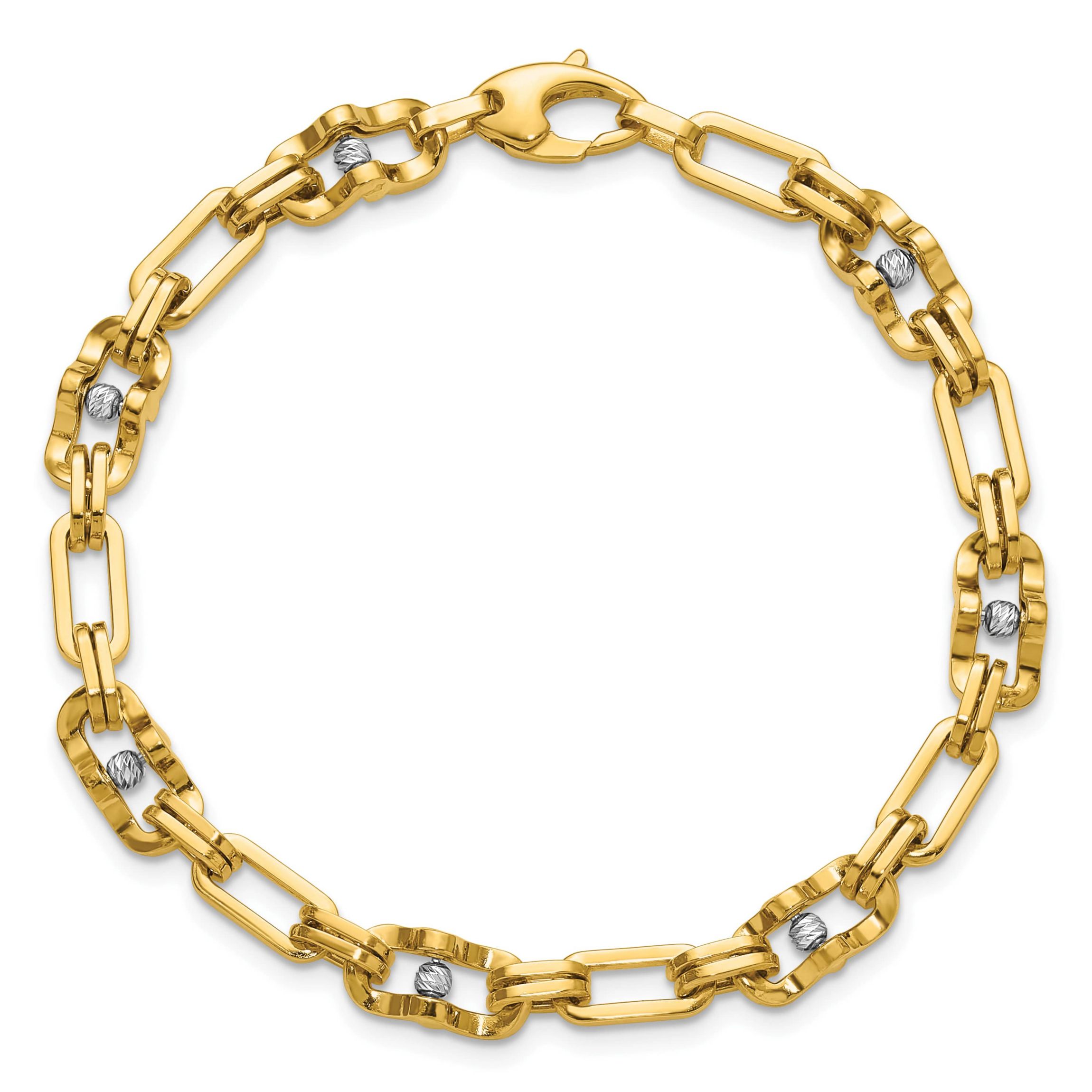 14K Yellow Gold with White Rhodium Polished Diamond-cut Moveable Beaded Link Bracelet