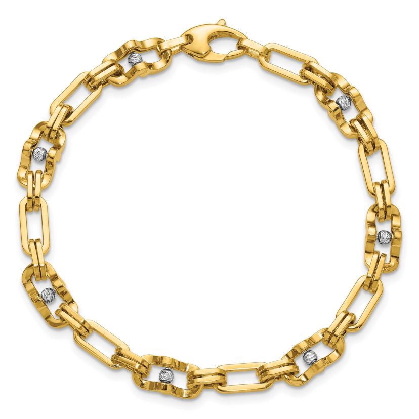 14K Yellow Gold with White Rhodium Polished Diamond-cut Moveable Beaded Link Bracelet