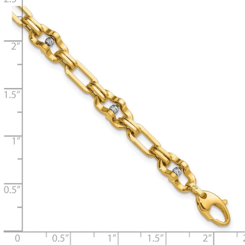 14K Yellow Gold with White Rhodium Polished Diamond-cut Moveable Beaded Link Bracelet
