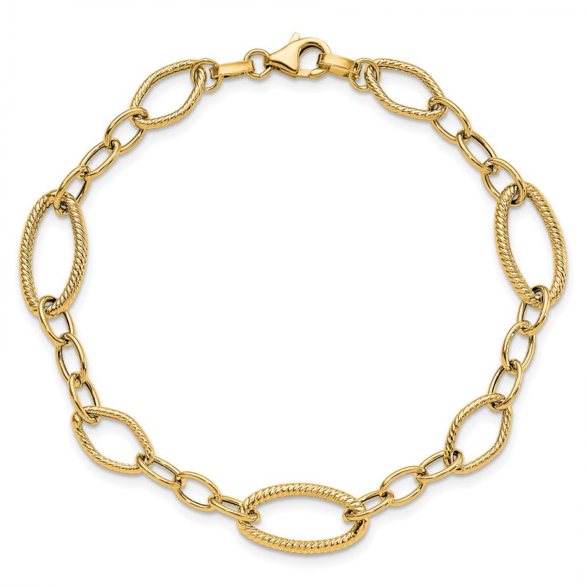 14K Yellow Gold Polished and Textured Link Bracelet