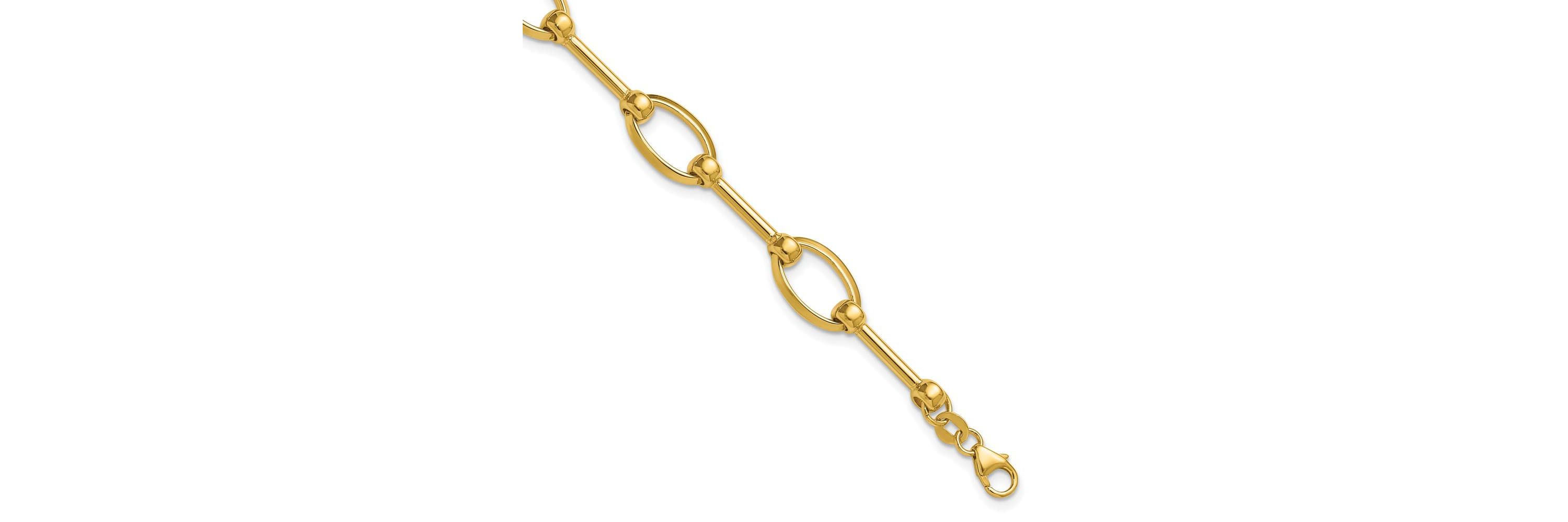 14K Yellow Gold Polished Bar and Oval Link with 0.5" Extender Bracelet