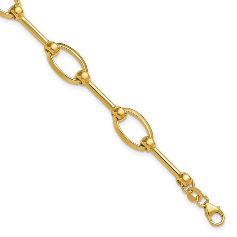 14K Yellow Gold Polished Bar and Oval Link with 0.5" Extender Bracelet