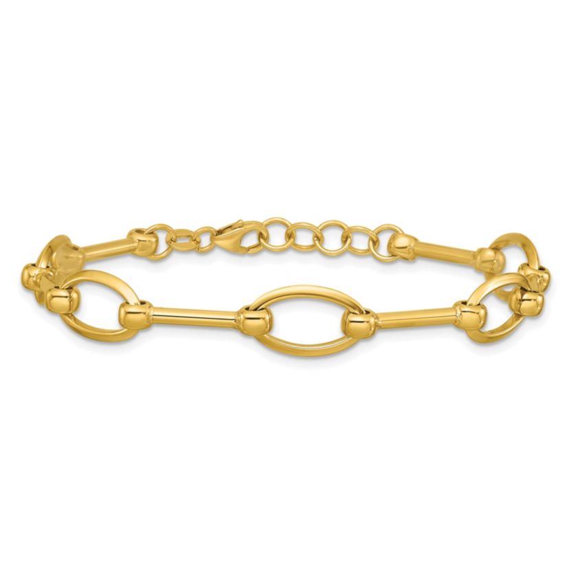 14K Yellow Gold Polished Bar and Oval Link with 0.5" Extender Bracelet