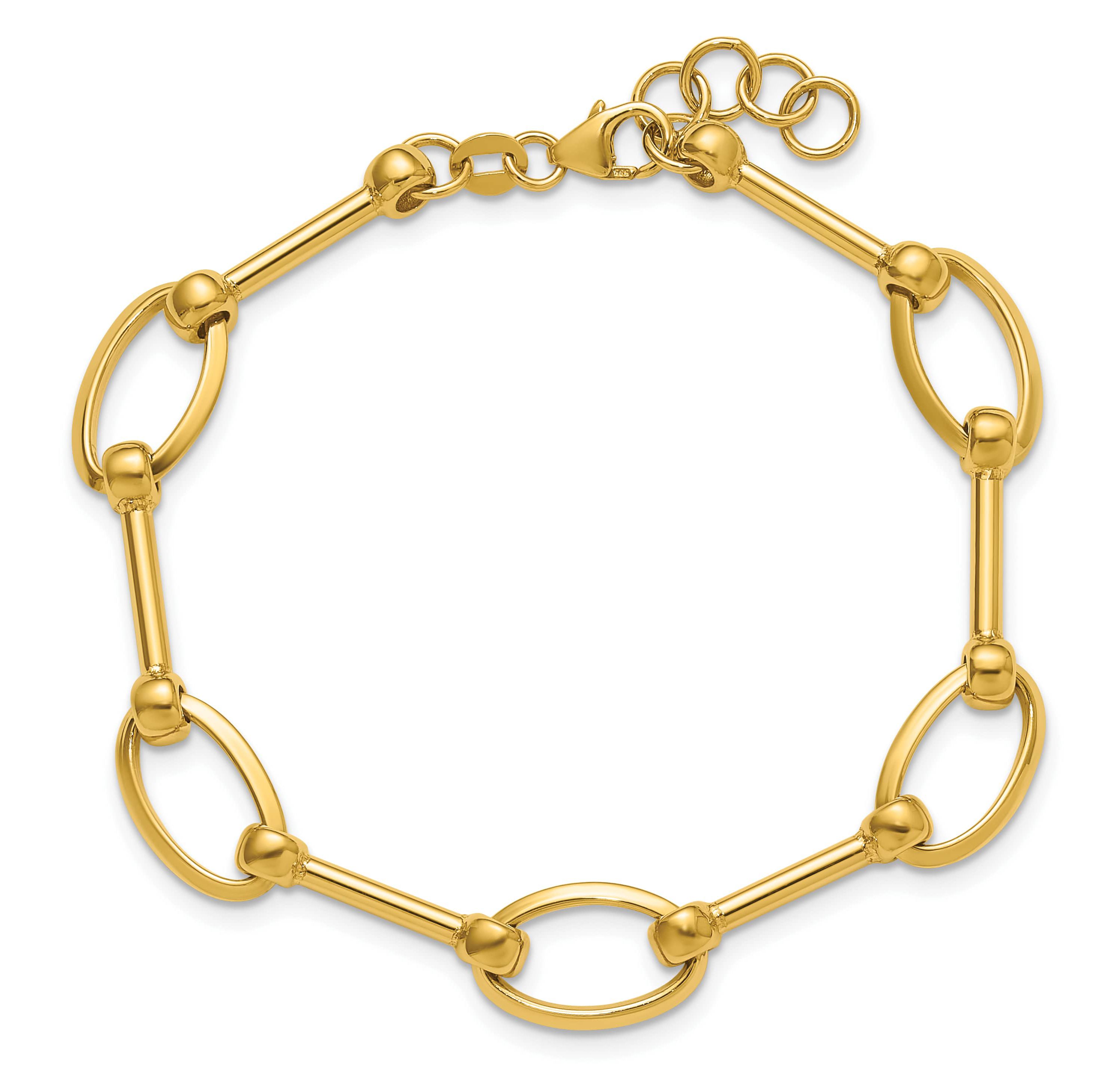 14K Yellow Gold Polished Bar and Oval Link with 0.5" Extender Bracelet