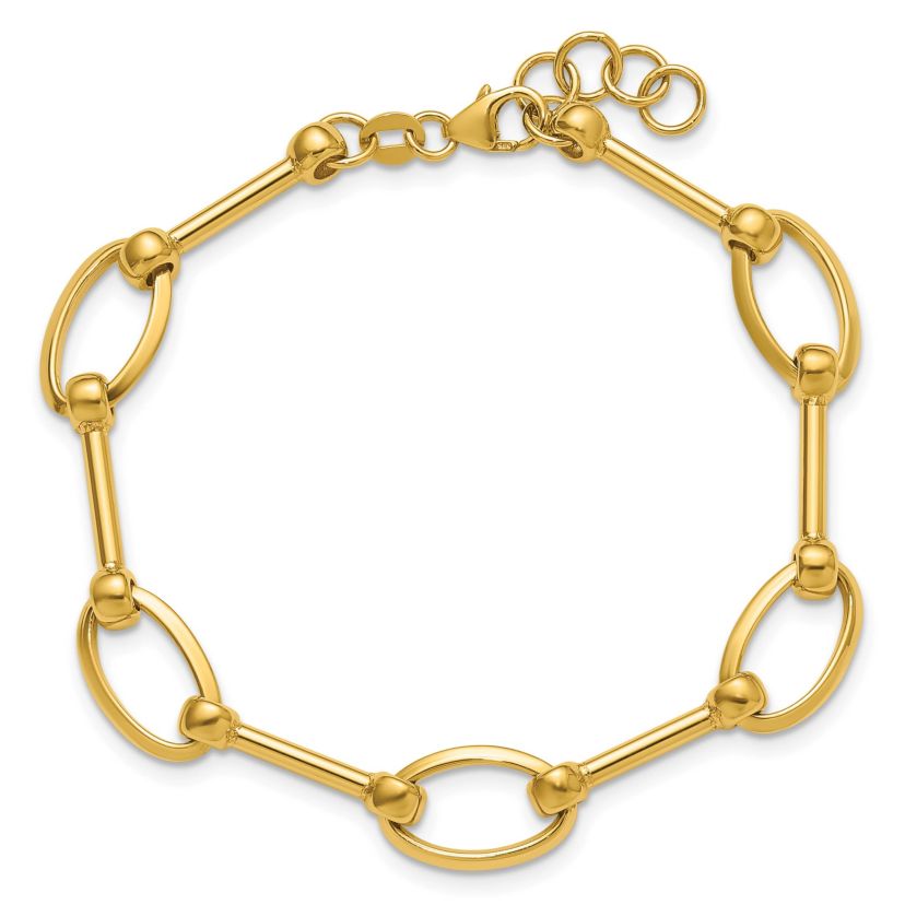 14K Yellow Gold Polished Bar and Oval Link with 0.5" Extender Bracelet