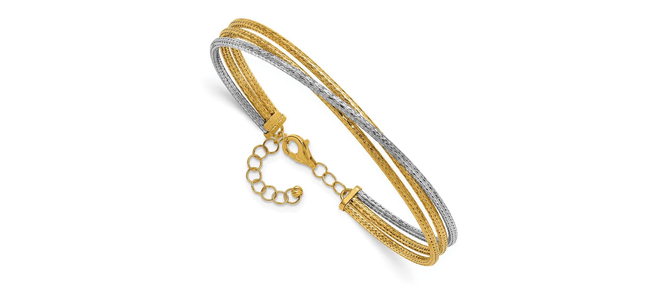 14K Two-tone Polished and Textured Fancy 3-Wire with 1" Extender Bangle