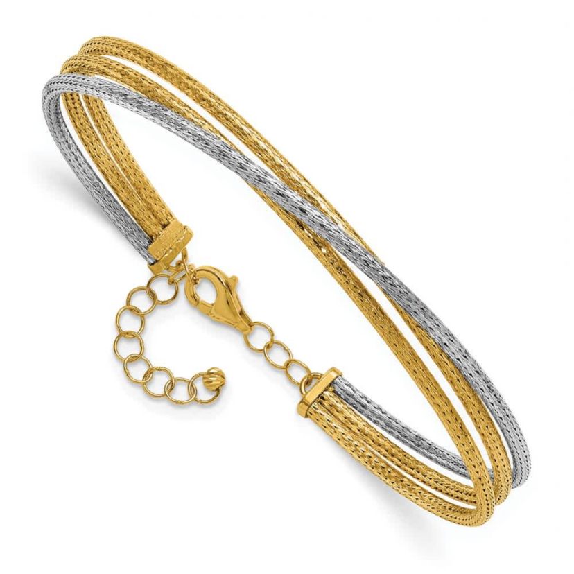 14K Two-tone Polished and Textured Fancy 3-Wire with 1" Extender Bangle