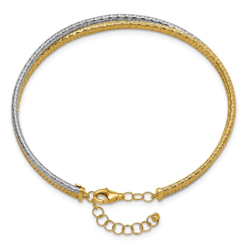 14K Two-tone Polished and Textured Fancy 3-Wire with 1" Extender Bangle