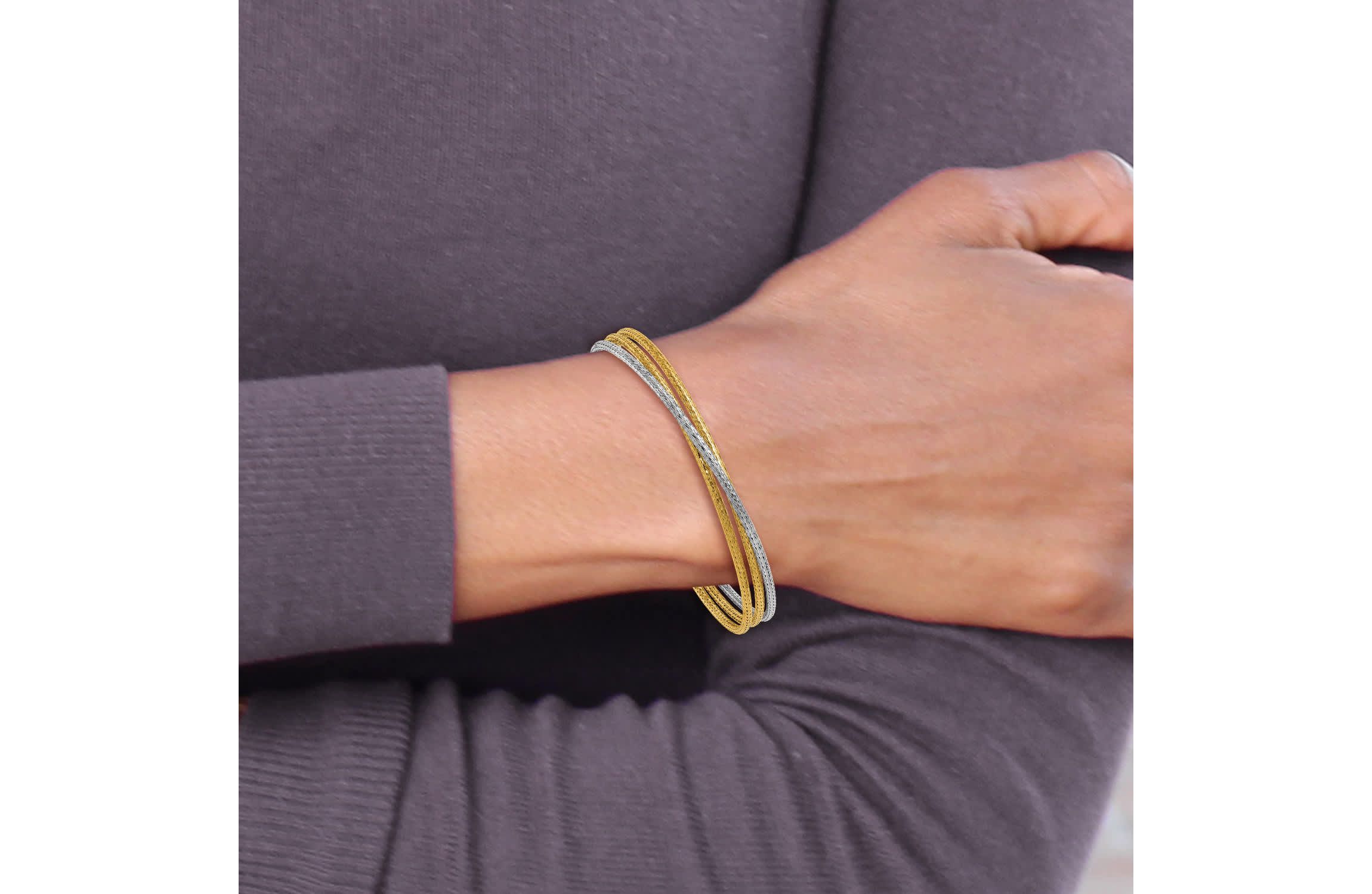 14K Two-tone Polished and Textured Fancy 3-Wire with 1" Extender Bangle