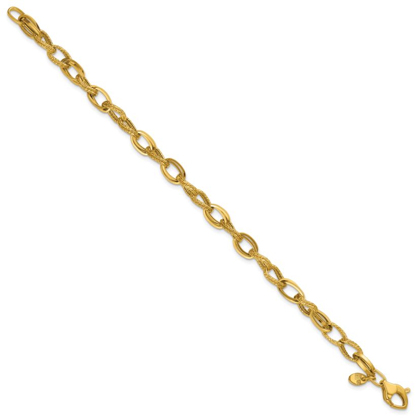 14K Yellow Gold Polished and Textured Fancy Oval Link Bracelet