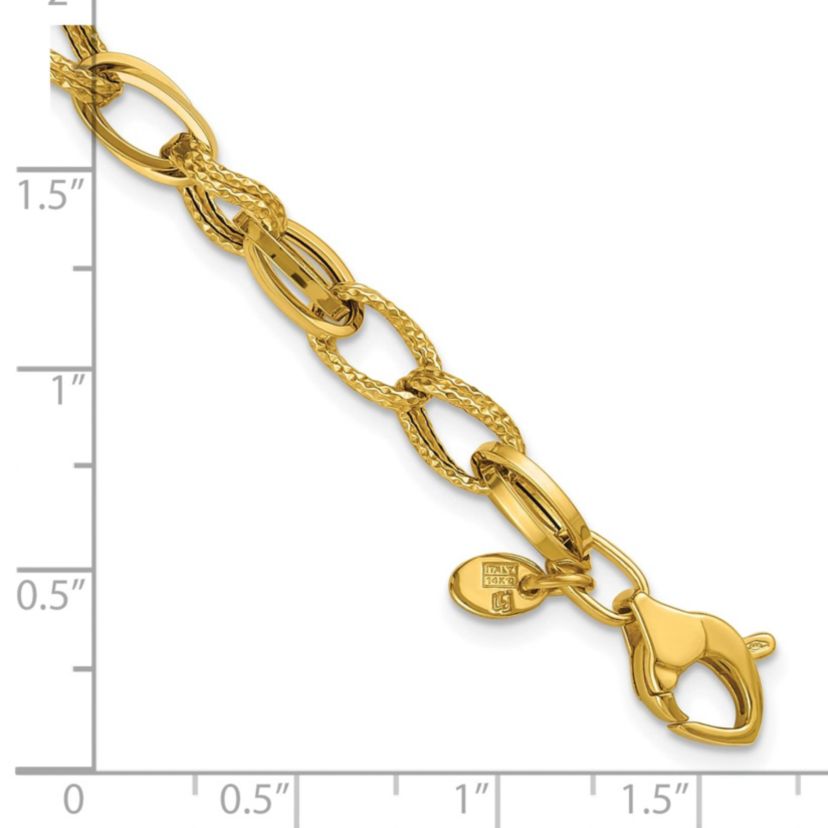 14K Yellow Gold Polished and Textured Fancy Oval Link Bracelet